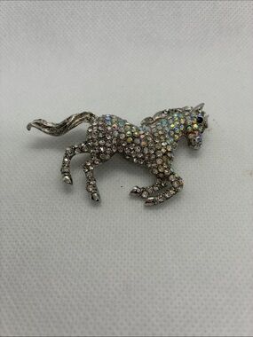 Aurora Crystal Horse Brooch - Silver Tone